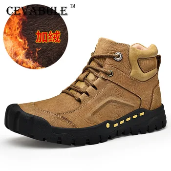 

CEVABULE Winter Men's Boots Outdoor Hiking Shoes Boots Martin Men's Cow Leather Snow Boots Climbing rubber Sole shoes CLK-18698