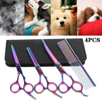 

4pcs Stainless Steel Pet Dogs Grooming Scissors Cat Hair Thinning Shear Sharp Edge Dog Cutting Kitten Animal Barber Cutting Tool