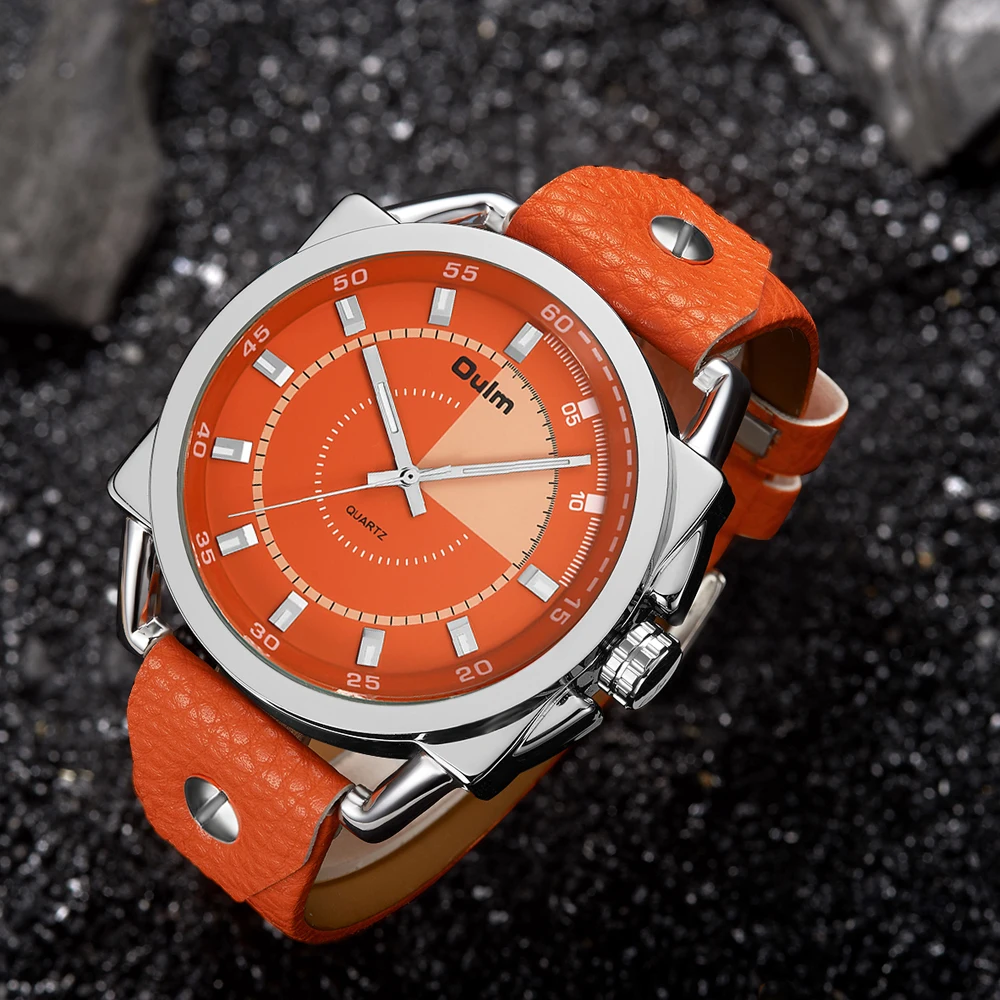 Top Luxury Brand Oulm Watches Orange Color Fashion Sports Watches Men Men's Quartz Watches Leather Mens Watches erkek kol saati drop shipping (1)