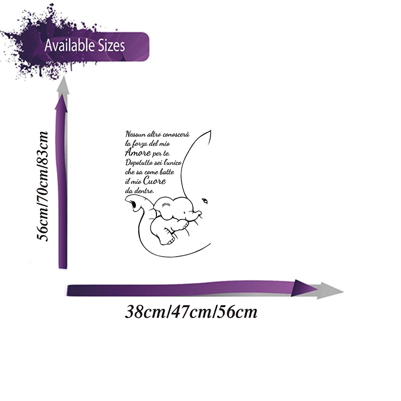 Cartoon Italian Elephant How My Heart Beats Wall Sticker Baby Nursery Kids Room Modern Italian Heart Quote Animal Wall Decal Art (1)