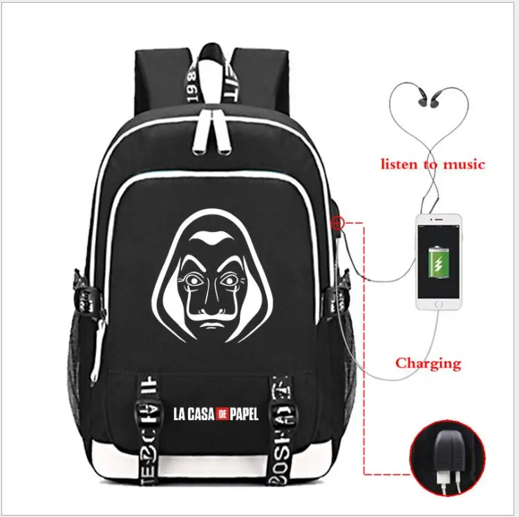 Бумажный вместительный рюкзак для студентов, USB зарядка, Mochilas La Casa De Papel, дорожная школьная сумка, повседневный рюкзак для ноутбука - Цвет: as pictures