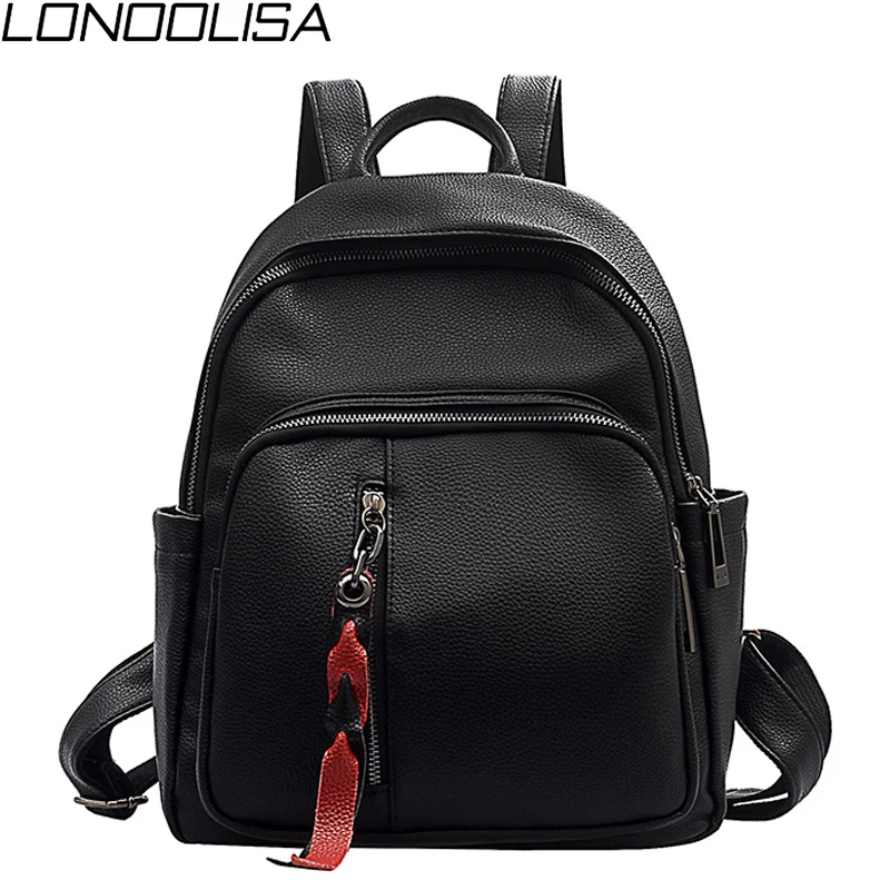 

Women's Soft Leather Black Backpack Mochila Fashion Ribbon College Style School Bag for Teenage Girls Bolsa Feminina Sac a Dos