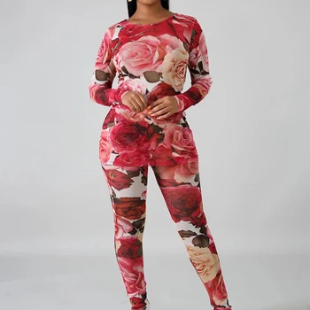 

Flora Print Mesh Sexy Two Piece Sets Autumn O Neck Long Sleeve Top+Pants Casual Outfits Women Club See Through Plus Size Suits