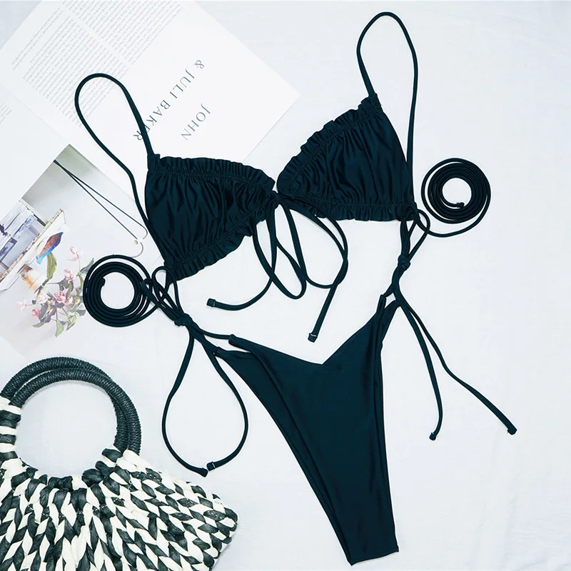 INGAGA Push Up Bikinis Swimwear Women Ruffle Swimsuits White Biquini Bathing Suits Thong Swim Suit 2020 String Bow Bathers