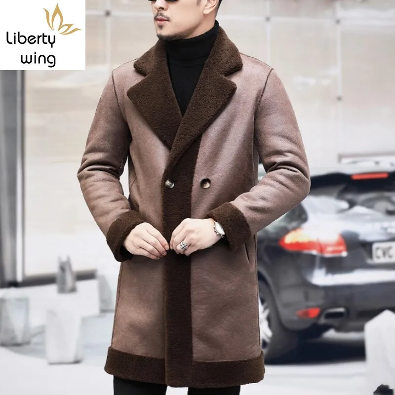 

New Business Man Real Fur Jacket Double Breasted Reversible Overcoat Mens Natural Wool Long Coat Slim Fit Warm Shearling Jackets