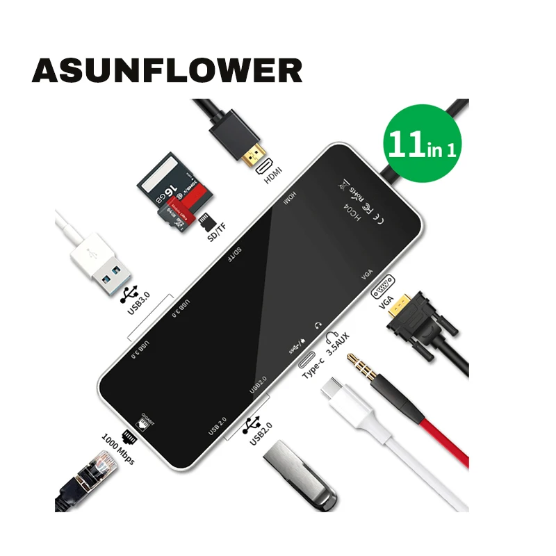 

Asunflower 11 IN 1 USB C HUB Type C To HDMI USB 3.0 RJ45 PD Charge Port A VGA 3.5mm Port USB 2.0 Multi Function USB C Dock HUB