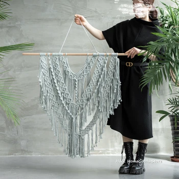 

Macrame Wall Decor Tapestry Wall Hanging Boho Bohemian Chic Home Decoration Woven Grey Handmade Living Room Apartment Dorm