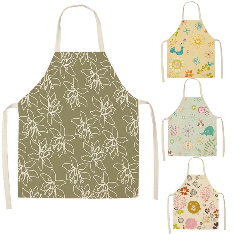 

High-Quality Cotton Baking Waist Bib Linen Floral Printed Kitchen Sleeveless Apron Women Home Cooking Pinafore