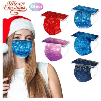 

50PCS Face Mask Adult Disposable Face Mask Christmas Print Mouth Face Cover Dustproof Festival Mask Xmas Gift Mascarilla