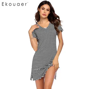 

Ekouaer Women Sexy Night Dress Mini Nightgown Loose V-Neck Short Sleeve Striped Print Loose Nighdress Sleepwear