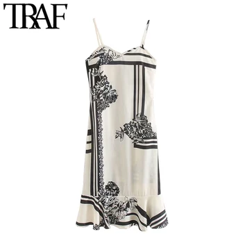 

TRAF Women Chic Fashion Floral Print Ruffled Midi Dress Vintage Sleeveless Spaghetti Strap Female Dresses Vestidos