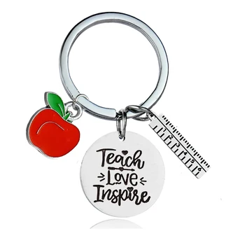 

12PC Teacher's Day Gift Teach Love Inspire Round Keyrings Red Apple Ruler Charm Pendant Keychains Thank You Teachers Jewelry Hot