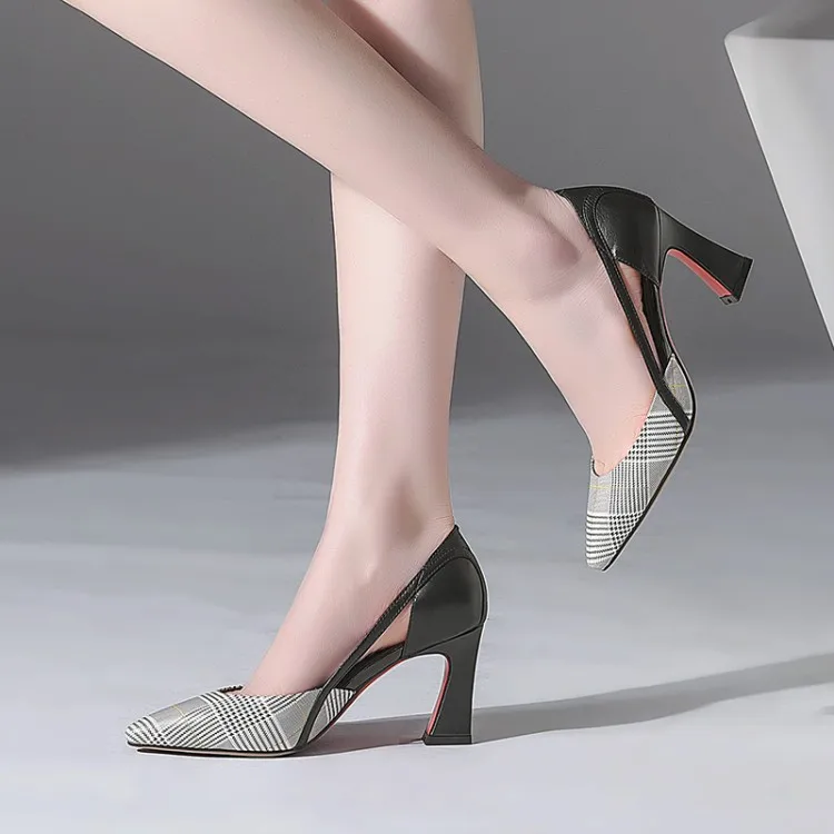 

Big Size 9 10 11 12 high heels sandals women shoes woman summer ladies Chequered pointed sandals with thick heels