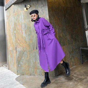 

Women Spring Autumn Long Sleeve Lapel Splice Ribbon Plus Size Shirt Dress Female High Street Fashion Loose Long French Dress