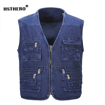 

5XL 6XL Loose Men's Denim Jeans Vest Multi Pockets Father Gift Fishing Work Waistcoat Sleeveless Plus Size Masculina Jaquetas