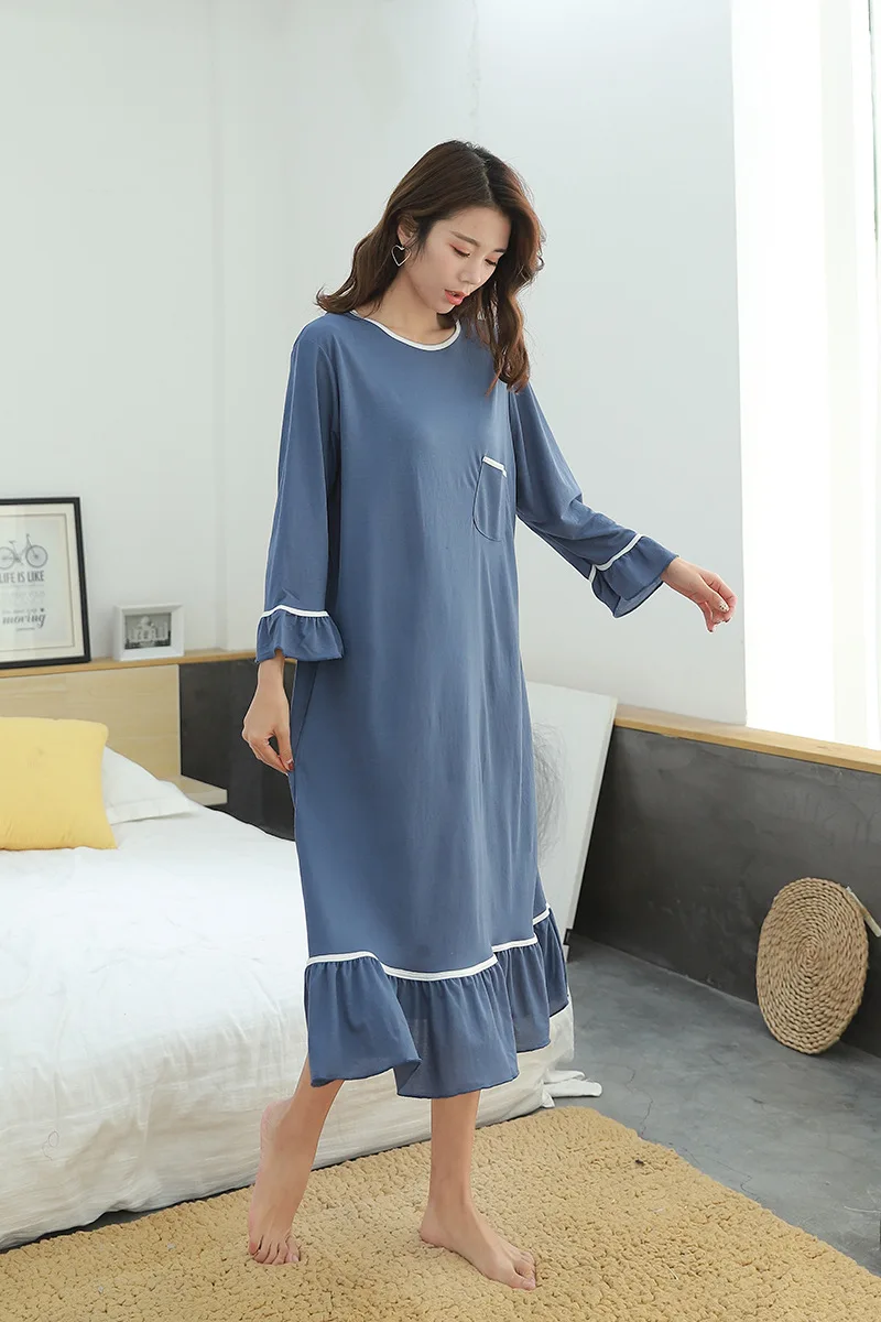 Autumn New Style Large Size Pajamas Dress Plus-sized Womenswear Size Long Sleeve Nightgown Loose-Fit Slimming Contrast Colo