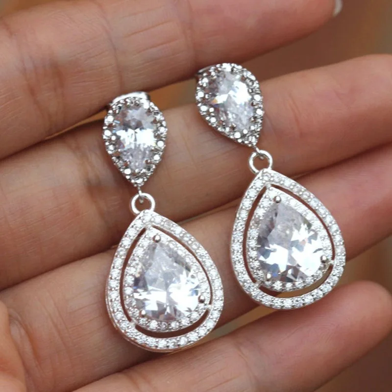 Handmade Water Drop Dangle Earring Aaaaa Zircon Silver Color Party
