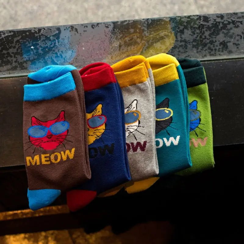 5 пар мужские Мультяшные солнцезащитные очки мяу Кот хлопок Crew носки скейтборд