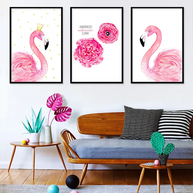 Pink Cartoon Swan Rose Picture Wall Art Oil and L Mural Printing Poster Canvas Girl Children Bedroom Living Room Home Decorate