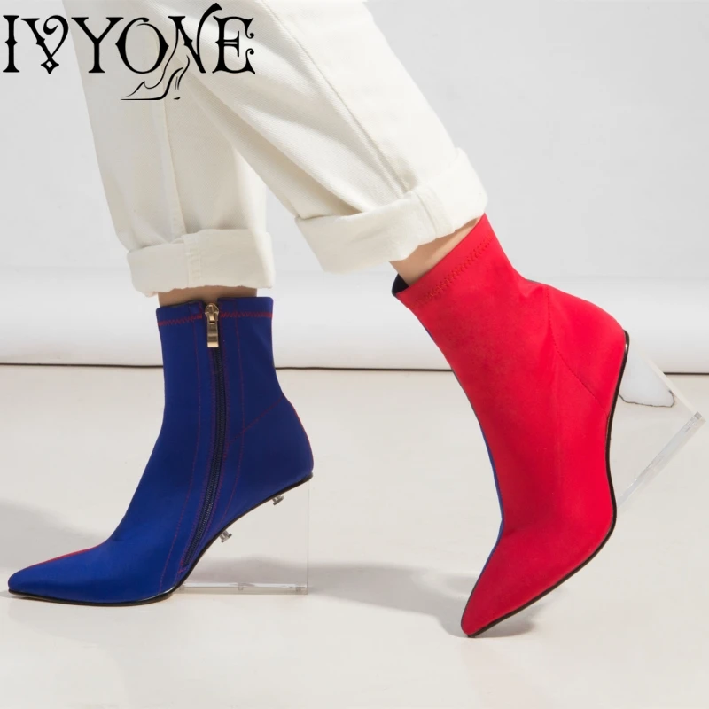

Mixed Color Women Ankle Boots Elastic Forc Ladies Clear High Heels Shank Boots Zipper Wedge Party Boots Autumn for Female 2019
