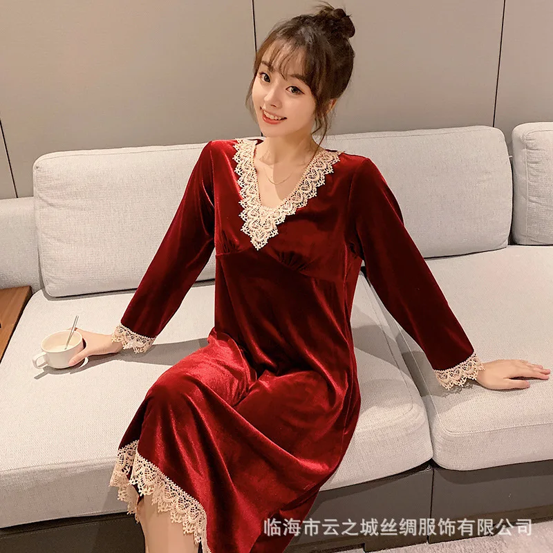 

Women's Nightdress Autumn Winter Solid Color Long Sleeve Long Waisted Home Wear Lace Sexy Large Can Be Worn Out Sleep Tops