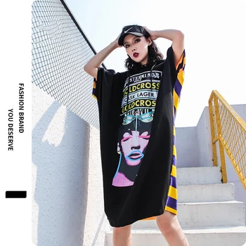 

Hooded Short-sleeved T-shirt Women's 2020 Autumn Hot Style Striped Print Loose Gothic Tshirt Women Korean Clothes Tops