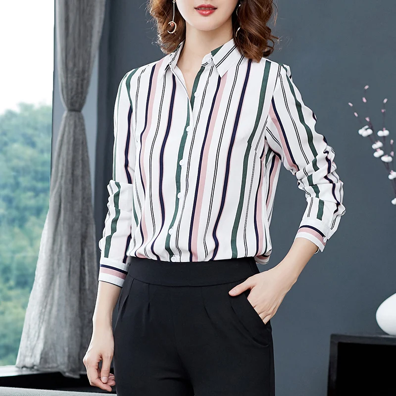 2023 Fashion Lady Early Spring New Women'S Slim Professional Vertical Stripe Thin Temperament Shirt Female Long Sleeve Lapel