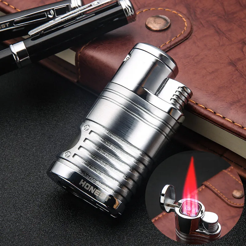 

Powerful 4 Flame Windproof Cigarette Lighter Butane Gas Visible Window Torch Jet Lighter Smoking Belt Cigar Cutter Gadget Men