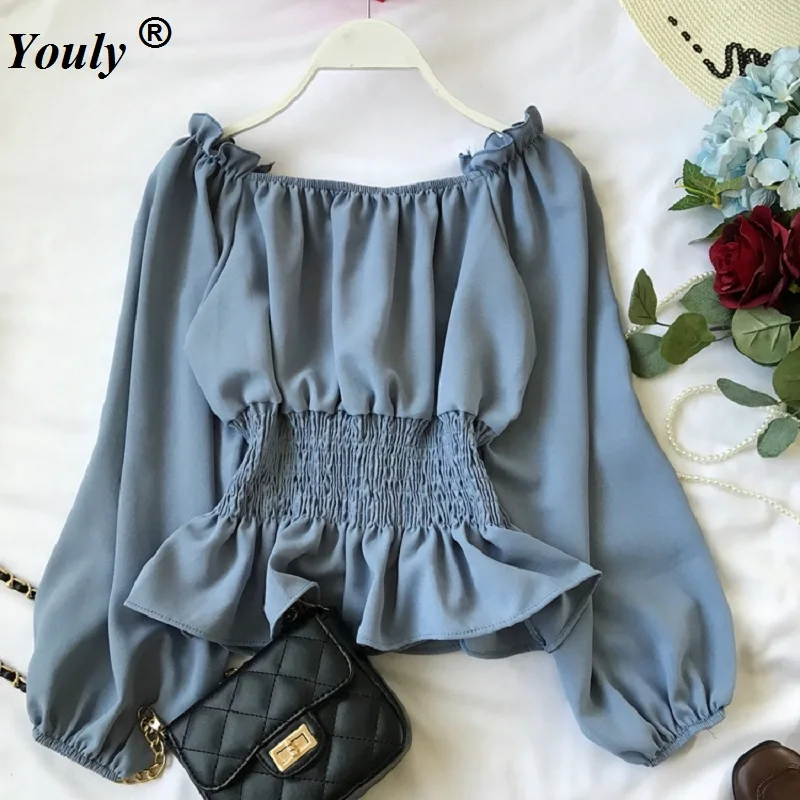 

Solid Slim Waist Vintage Blusa Feminina Slash Neck Off Shoulder sexy Top Blouse Autumn Long Sleeve Slim Women Chic Elegant Shirt