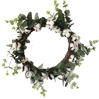 

BEAU-Cotton Ring Farmhouse Natural Cotton Boll Antique Flower Round Wreath and Artificial Green Leaf Retro Wreath