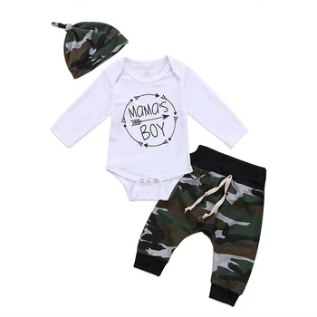 

3Pcs/Set Newborn Baby Boys Long Sleeve Letter Romper+Camouflage Pants Hat New Casual Kids Outfits Autumn Baby Boy Clothing 0-24M