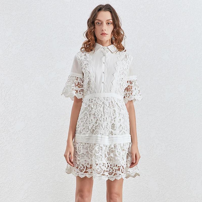 TWOTWINSTYLE Лоскутные кружевные платья для женщин воротник с лацканами короткий рукав Высокая талия с рюшами выдалбливают Мини платье для женщин одежда