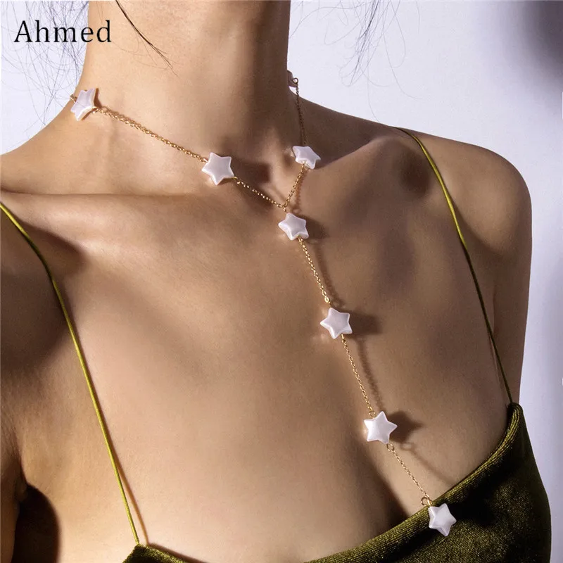 

Ahmed New 2019 Trendy Long Tassel Choker Necklaces for Women Fashion Pearl Star Necklace Pendant Collar Bijoux Collier Femme