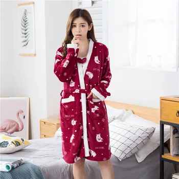 

Burgundy Bathrobe Homewear Sleep Set Women Winter Nightwear Robe Set Warm Bow Nightdress Soft Bear Sleepwear 2PCS Home Clothing