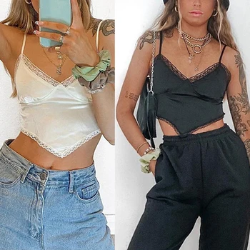 

Y2K Fashion Bandage Lace Trim Cami Top E-girl Sweet Spaghetti Strap V Neck Backless Satin Crop Tops Streetwear Party Top