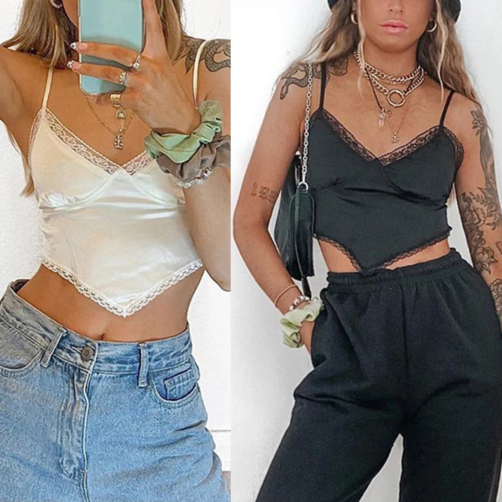 Модный бандажный кружевной топ Y2K на бретелях милый Атласный с открытой спиной и