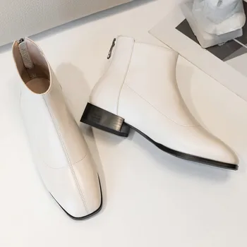 

Women's gneuine leather back zip flats ankle boots sqaure toe female comfortable short booties leisure student fashion shoes hot