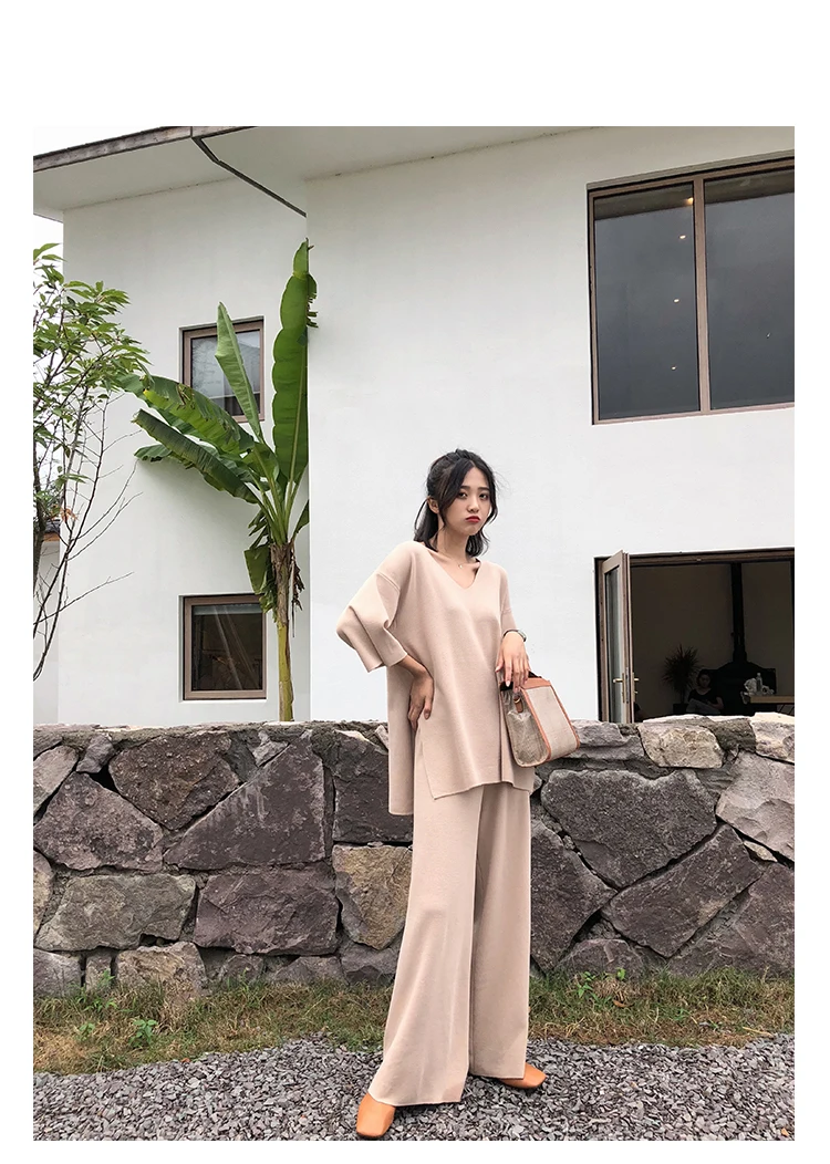 Aseven knitted suits female easing of autumn new fund split wide-legged pants twinset sweater big yards