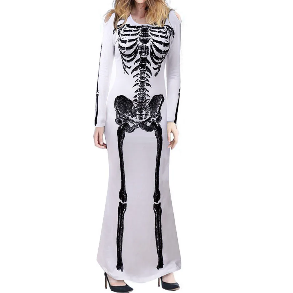 Женское платье элегантное женское платье для косплея на Хэллоуин с круглым вырезом и принтом скелета с длинным рукавом женское платье Vestidos FC