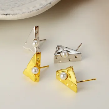 

S925 Sterling Silver Geometric Cheese Stud Earrings for Women Man Exquisite Cute Earring Studs Freshwater Pearl Ear Gift Brincos