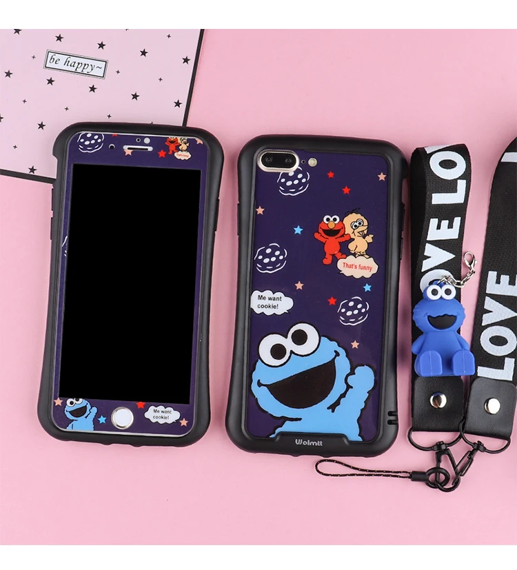 Синий Для iPhone X 7 6s 3D seasame задняя Передняя пленка из закаленного стекла+ 3Dtoy ремешок, для iPhone XSmax/XR 8 7 plus противоударный бампер - Цвет: Синий