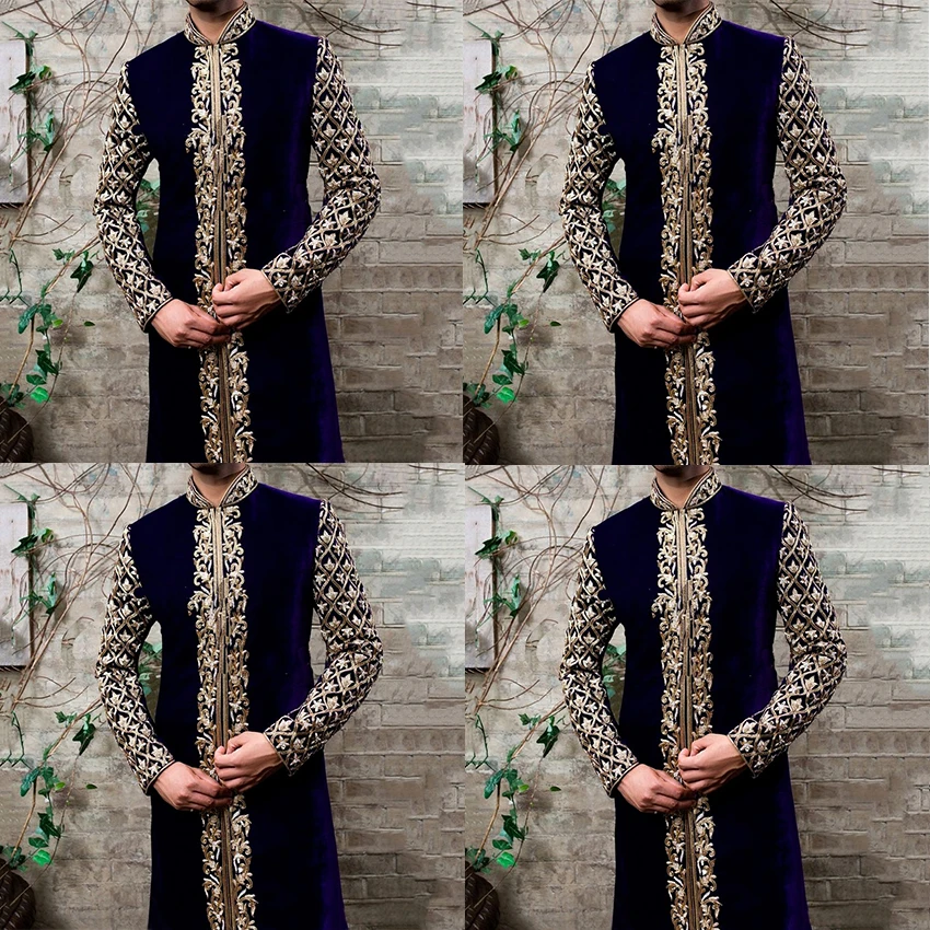 Man Muslim Fashion Arabic Men Clothes Jubba Thobe Kaftan Dress Stand Collar Gold Print Modest Islamic Clothing Male
