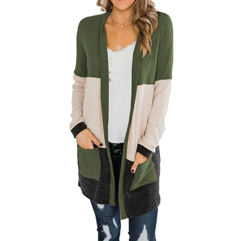 

XUXI Casual Long Sleeve Stitching Open Stitch Sweater Hand Knitted Fashion Long Coat Thin Cardigan Femme Autumn 2020 FZ2789