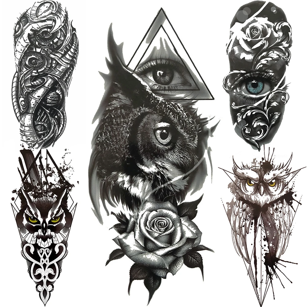 Tatuaje temporal de búho para mujeres y hombres, tatuajes de brazo mecánico  negro, triángulo único, tótem de ojos, aerosol corporal realista, tatuaje  falso|Tatuajes temporales| - AliExpress