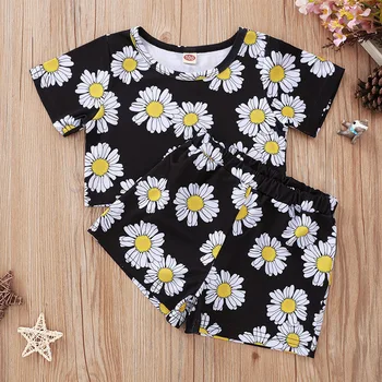 

2020 Summer Children Sets Casual Short Sleeve O Neck T-shirt Shorts Print Feverfew 2Pcs Girls Clothes Sets 1-5T