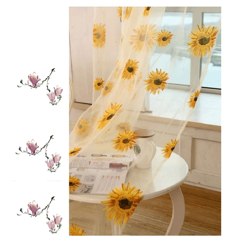 Sunflower Printed Curtain Tulle for Kitchen Yellow Flower Sheer Voile for Living Room Balcony Kid's Room Cheaper Panel HM125#30