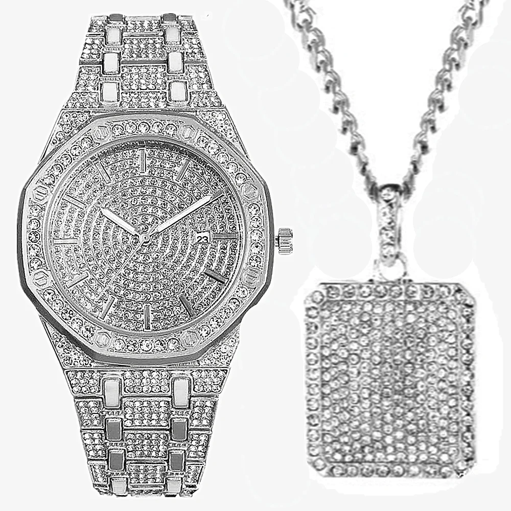 Iced Out Watch Necklace for Men 2pcs Luxury Diamond Watch Men Bling Fashion Hip Hop Jewelry Set Mens Gold Watches Date Relogio