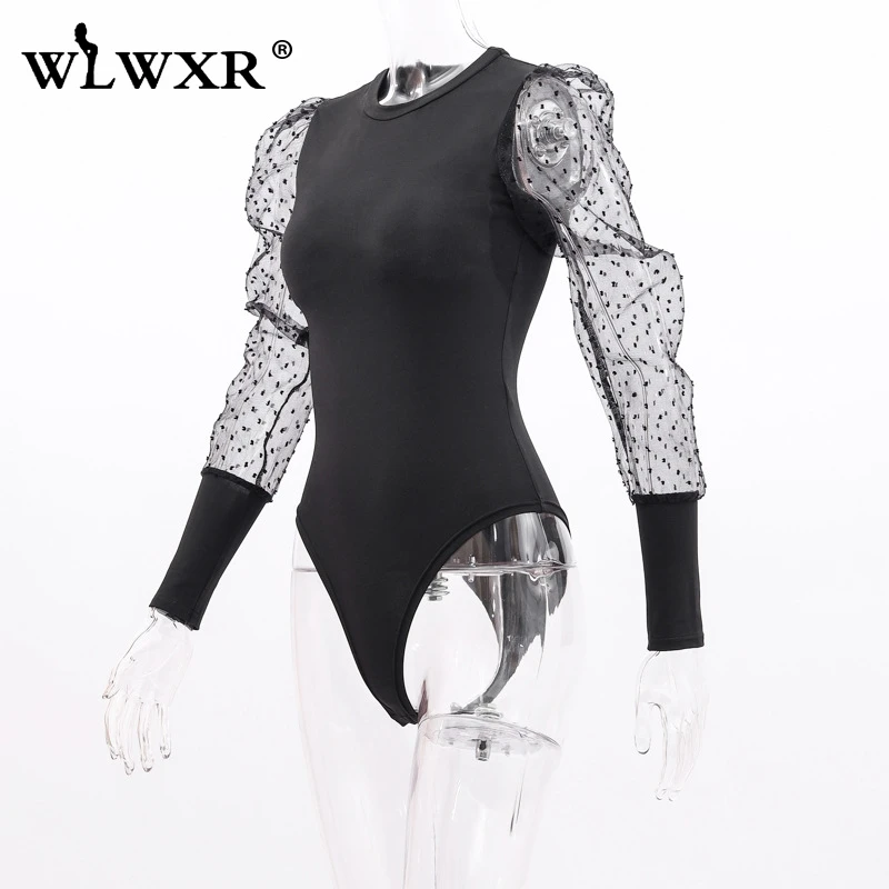 WLWXR, черный сетчатый сексуальный боди в горошек для женщин, боди, женский комбинезон, белый облегающий боди с длинным рукавом, Женский Топ
