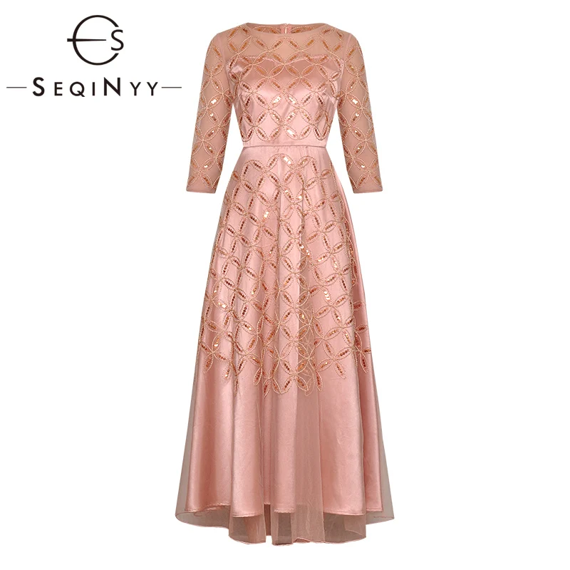 SEQINYY роскошное платье осень весна модный дизайн 3/4 рукав сетка розовые блестки цветы А-силуэт Элегантное Длинное платье для женщин