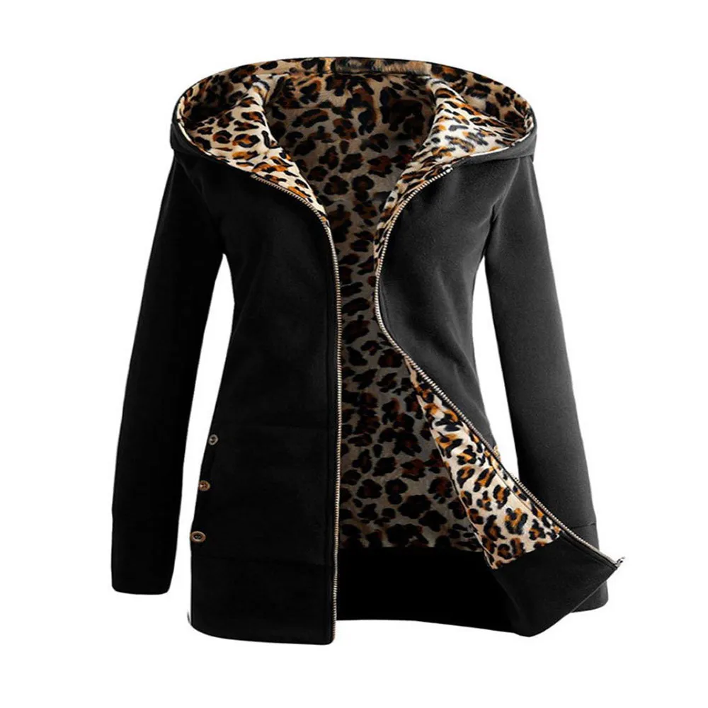 Женская толстовка с капюшоном, пальто плюс бархат, утолщенная с капюшоном, с леопардовым принтом, подкладка, на молнии, толстовка, женская теплая верхняя одежда# T1G